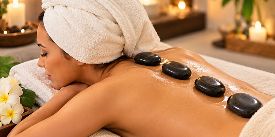 Hot Stone Massage in Berlin Köpenick Hot Stone Massage in Berlin Köpenick mit warmen Basaltsteinen auf dem Rücken